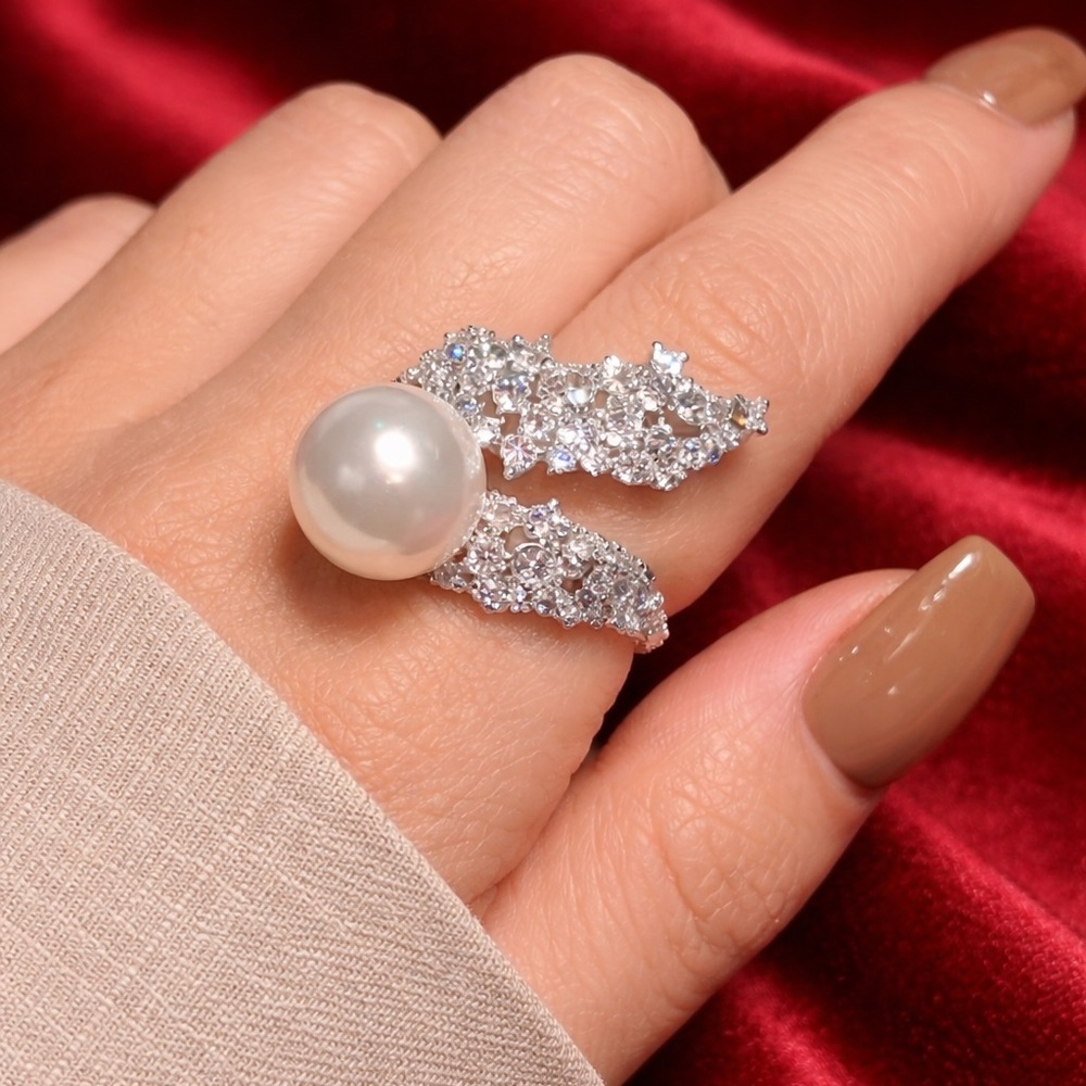 Luxe Pearl Diamond Wrap Ring | Statement Leaf Design | Adjustable - Picture 3 of 10